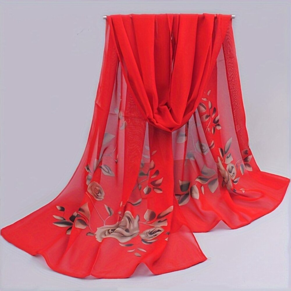 Red Floral Chiffon Wrap Scarf